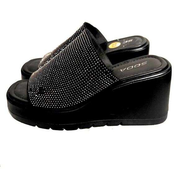 Soda Black Rhinestone Bling Chunky Wedge Open Toe Sandals Womens 11 - Picture 2 of 8